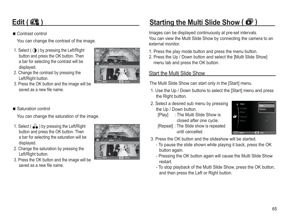 Starting the multi slide show (  ), Edit ( ), Start the multi slide show | Samsung EC-SL40ZZBASUS User Manual | Page 66 / 98