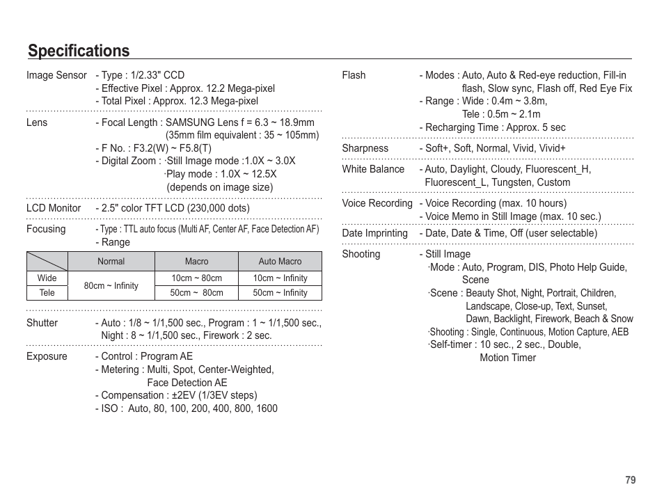 Specifications | Samsung EC-SL40ZZBASUS User Manual | Page 80 / 98