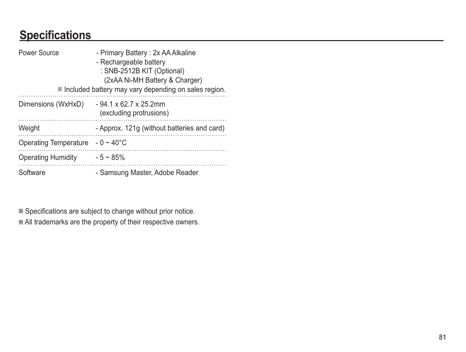 Specifications | Samsung EC-SL40ZZBASUS User Manual | Page 82 / 98