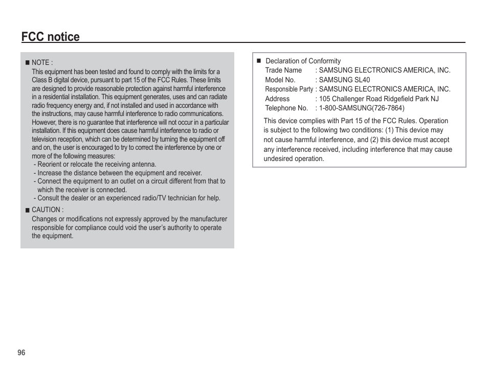 Fcc notice | Samsung EC-SL40ZZBASUS User Manual | Page 97 / 98