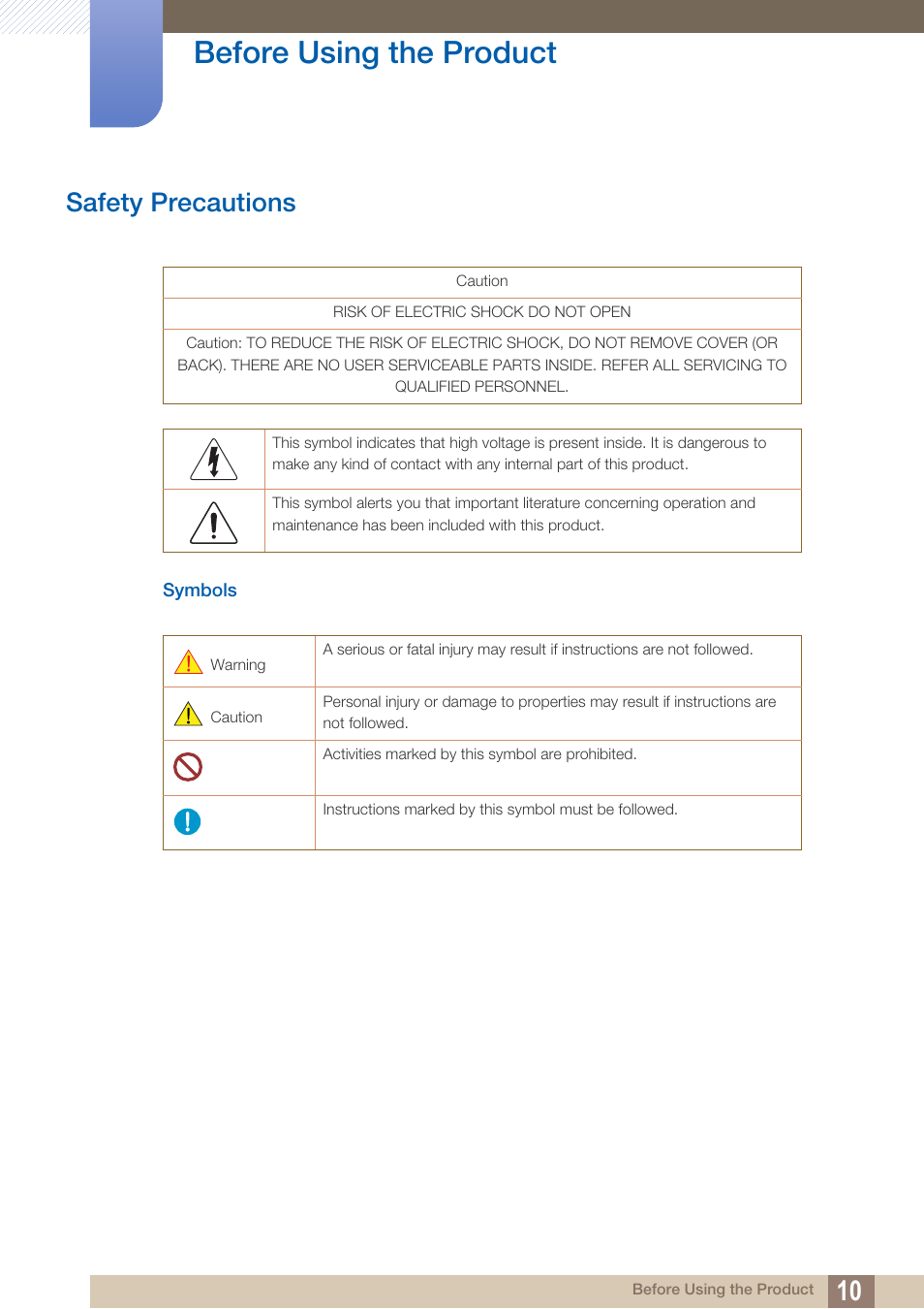 Safety precautions, Symbols, Before using the product | Samsung LS27C750PS-ZA User Manual | Page 10 / 98
