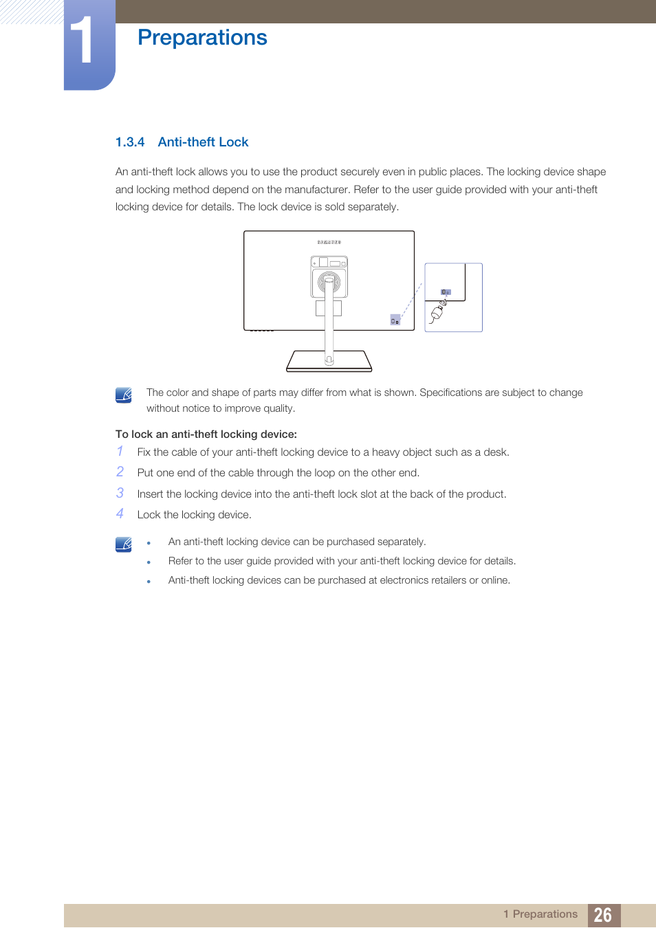 4 anti-theft lock, Anti-theft lock, Preparations | Samsung LS27C750PS-ZA User Manual | Page 26 / 98