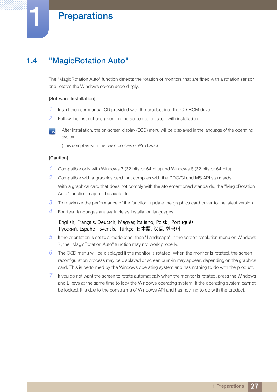 4 "magicrotation auto, Magicrotation auto, Preparations | Samsung LS27C750PS-ZA User Manual | Page 27 / 98