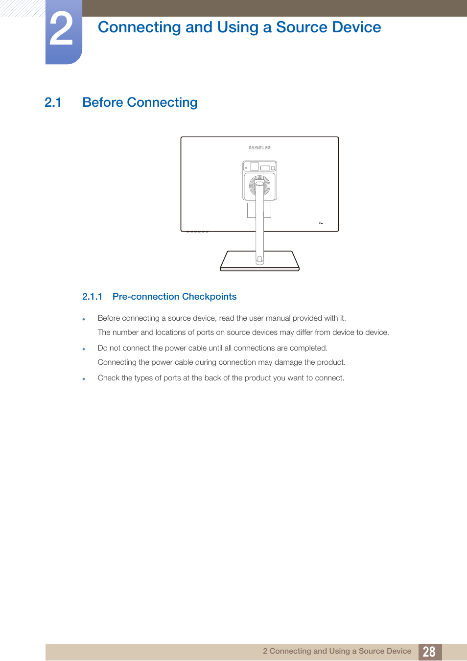 Connecting and using a source device, 1 before connecting, 1 pre-connection checkpoints | Connecting and using, A source device, Before connecting, Pre-connection checkpoints | Samsung LS27C750PS-ZA User Manual | Page 28 / 98