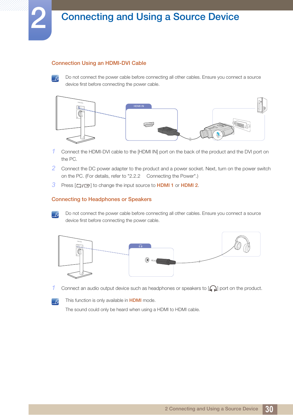 Connecting and using a source device | Samsung LS27C750PS-ZA User Manual | Page 30 / 98