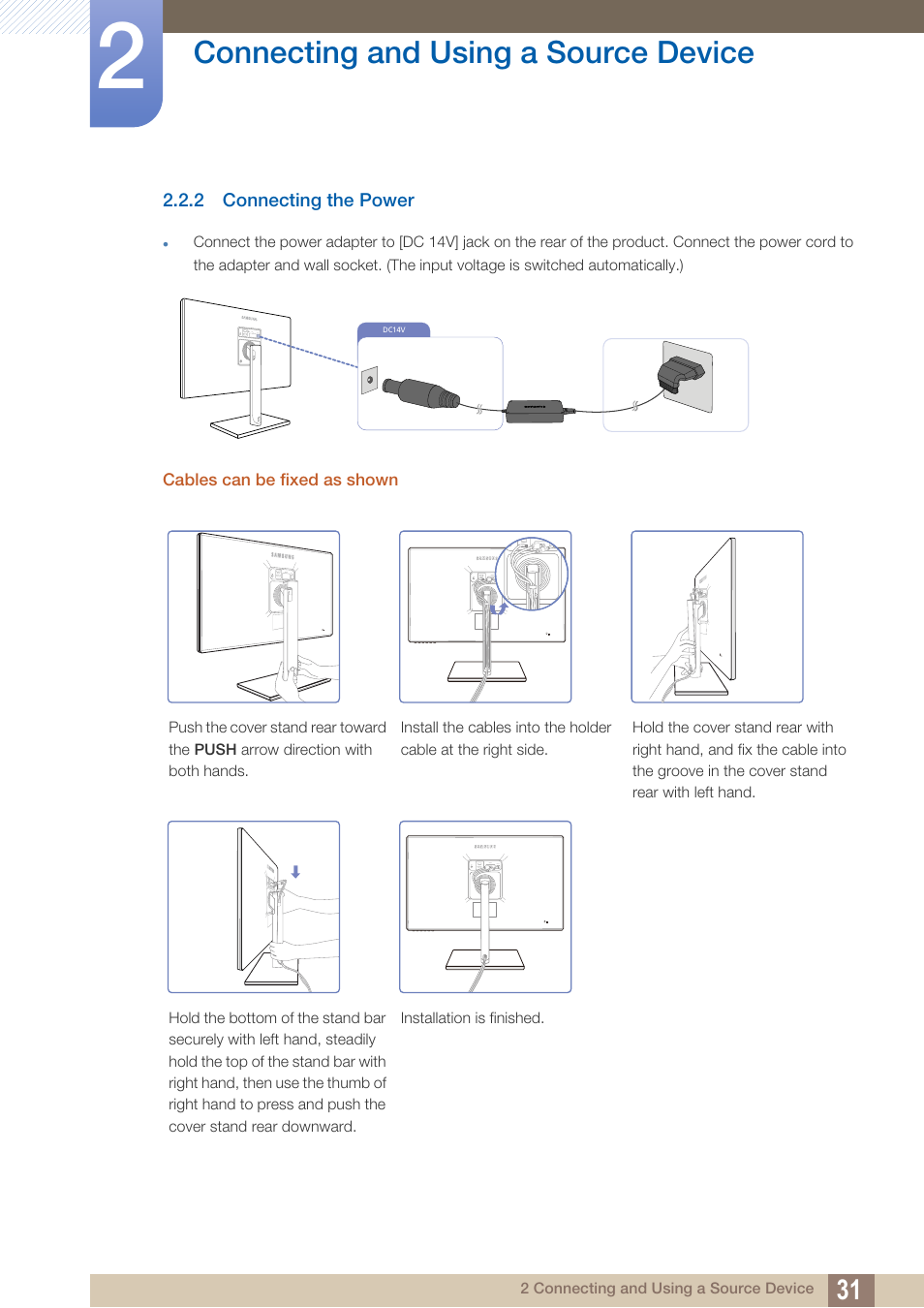 2 connecting the power, Connecting the power, Connecting and using a source device | Samsung LS27C750PS-ZA User Manual | Page 31 / 98