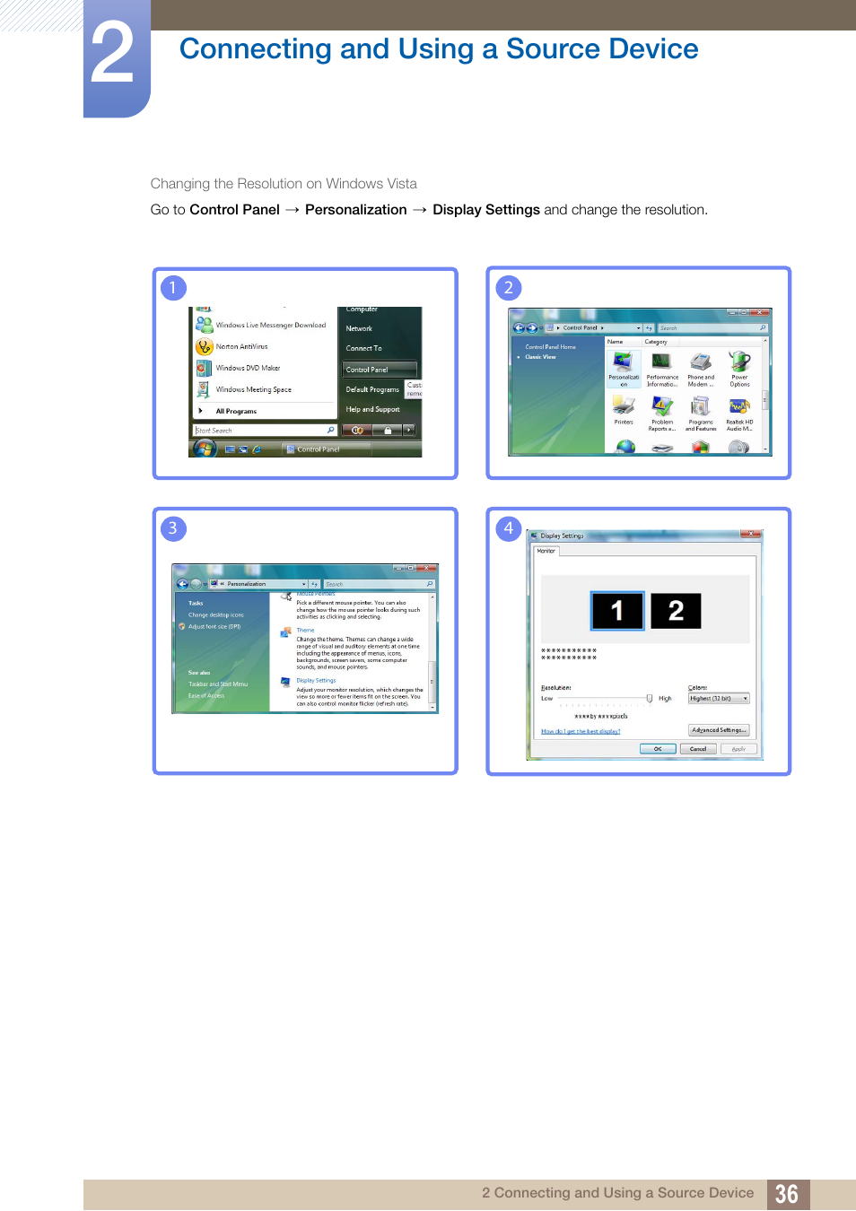 Connecting and using a source device | Samsung LS27C750PS-ZA User Manual | Page 36 / 98