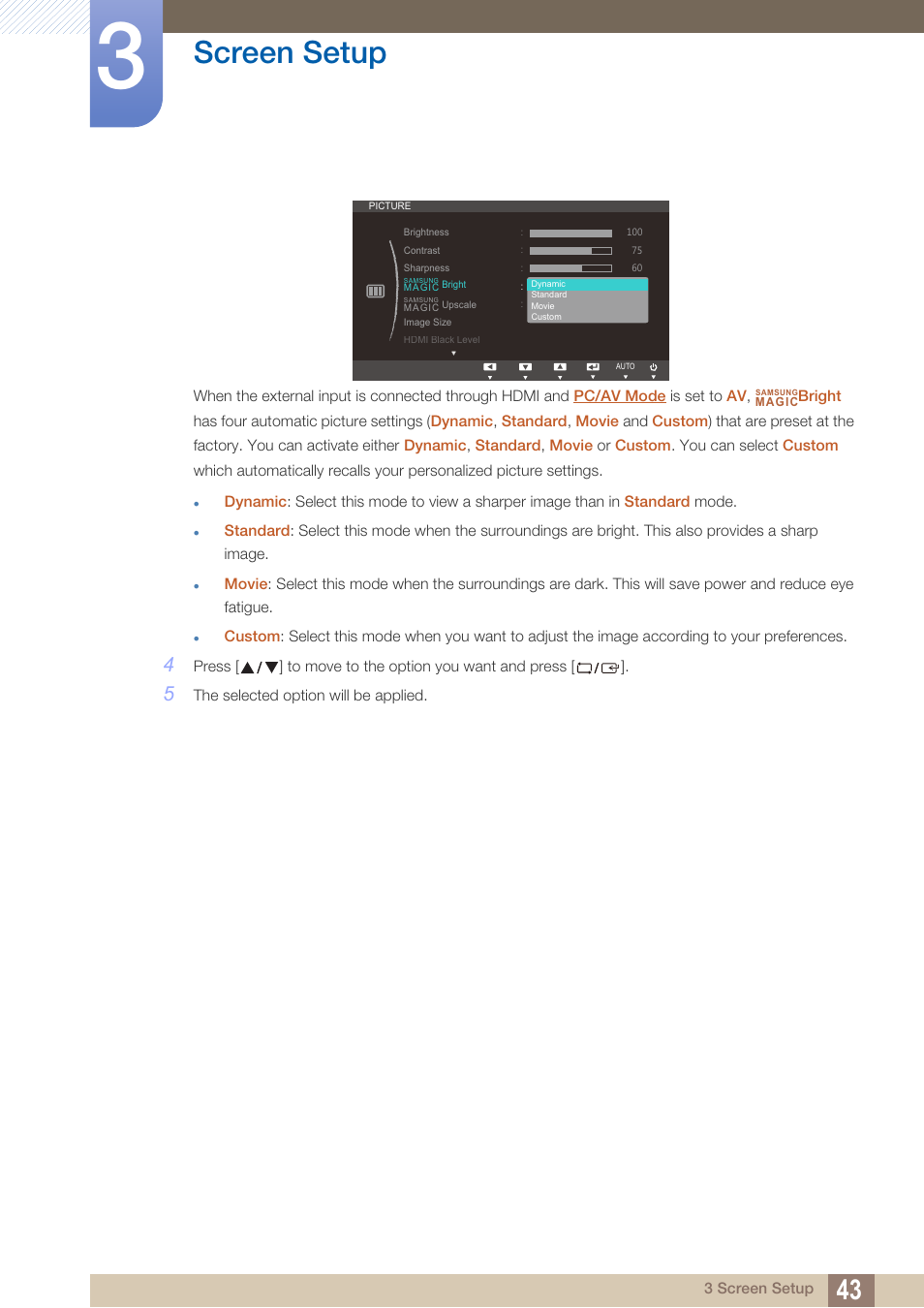 Screen setup | Samsung LS27C750PS-ZA User Manual | Page 43 / 98