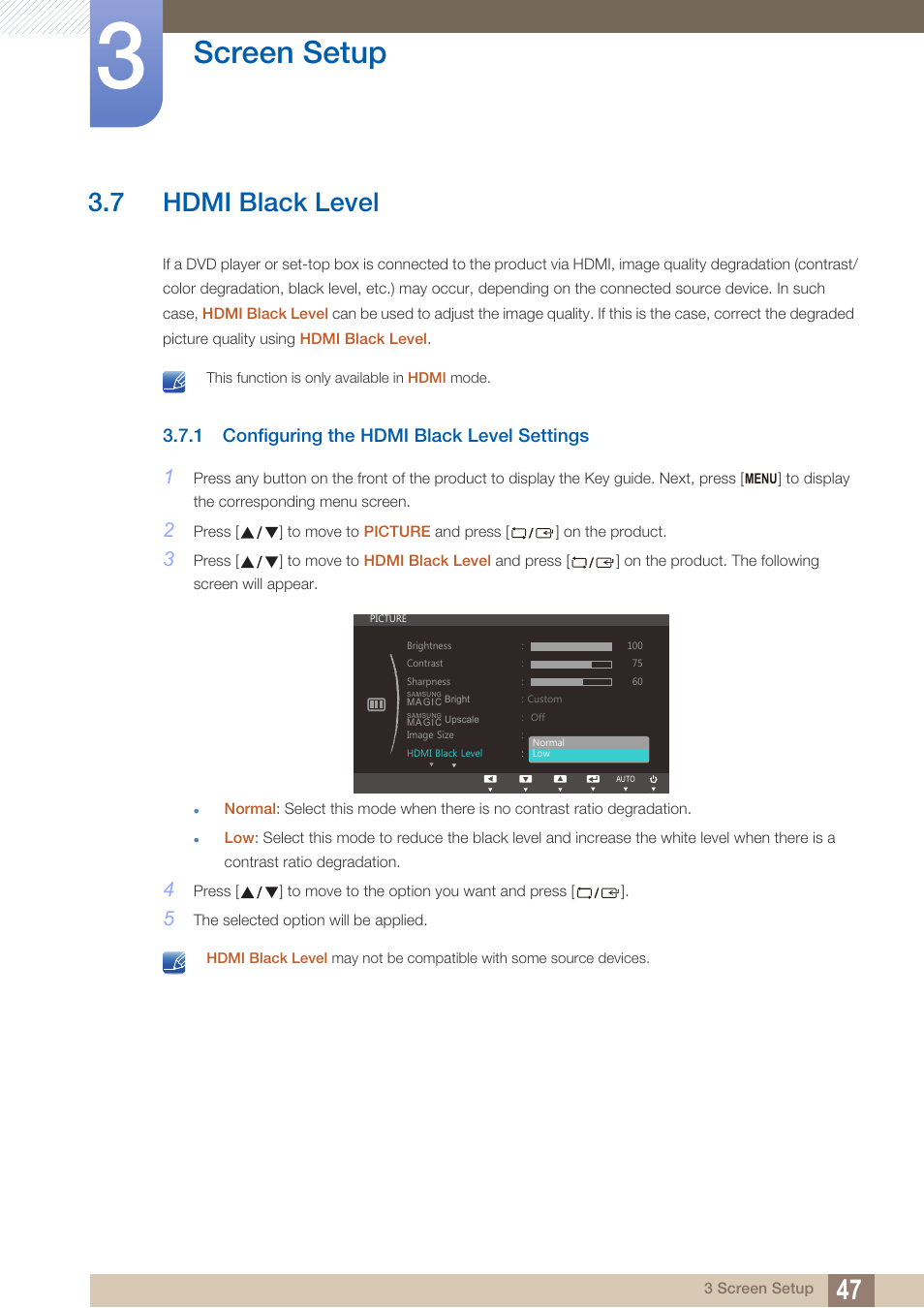 7 hdmi black level, 1 configuring the hdmi black level settings, Hdmi black level | Configuring the hdmi black level settings, Screen setup | Samsung LS27C750PS-ZA User Manual | Page 47 / 98