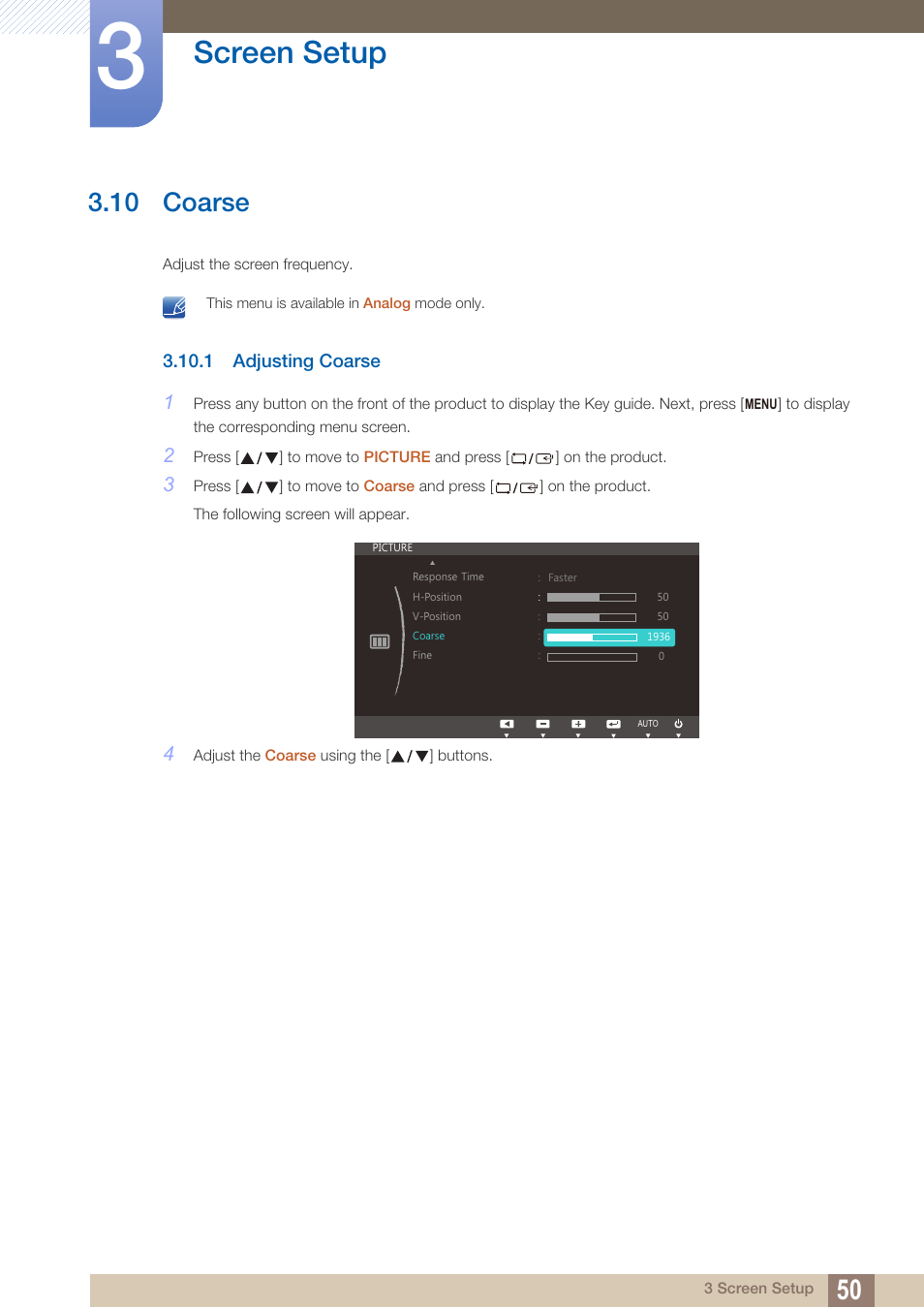 10 coarse, 1 adjusting coarse, Coarse | Adjusting coarse, Screen setup | Samsung LS27C750PS-ZA User Manual | Page 50 / 98