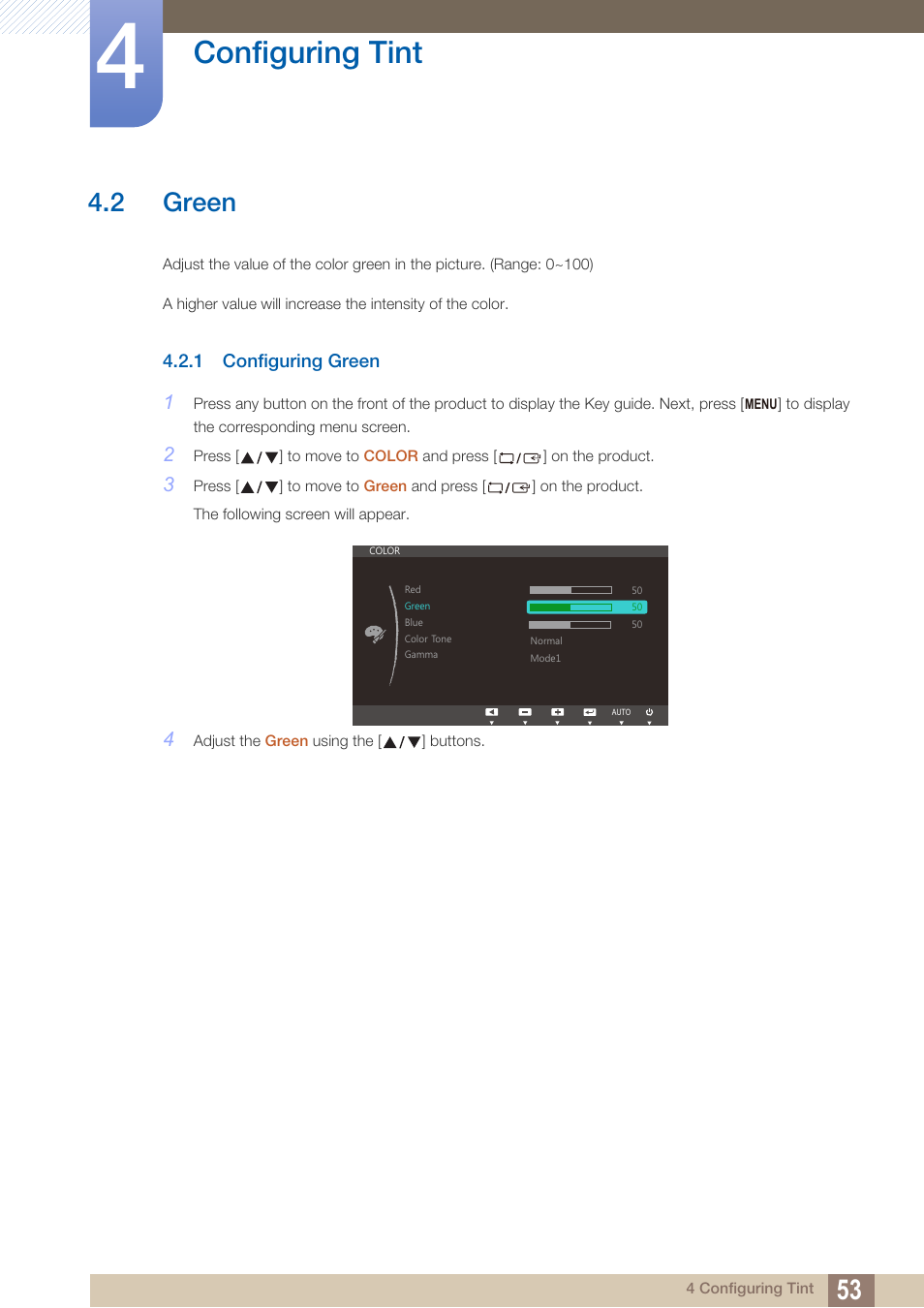 2 green, 1 configuring green, Green | Configuring green, Configuring tint | Samsung LS27C750PS-ZA User Manual | Page 53 / 98