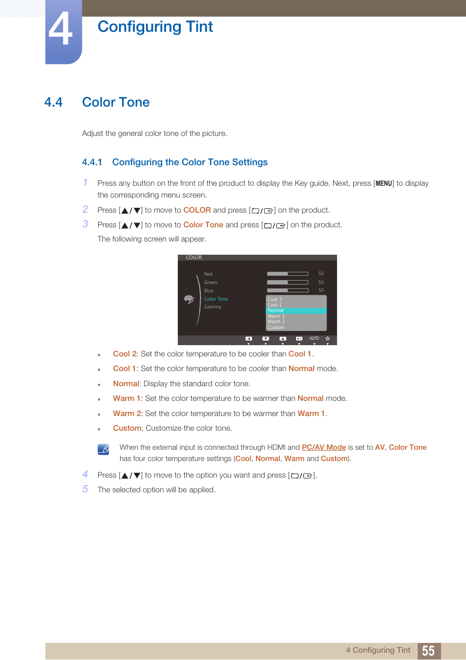 4 color tone, 1 configuring the color tone settings, Color tone | Configuring the color tone settings, Configuring tint | Samsung LS27C750PS-ZA User Manual | Page 55 / 98