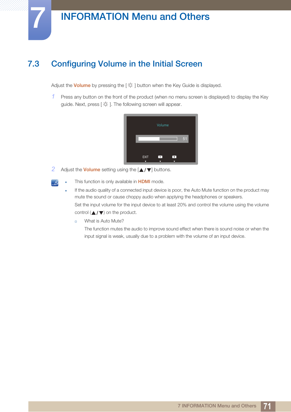 3 configuring volume in the initial screen, Configuring volume in the initial screen, Information menu and others | Samsung LS27C750PS-ZA User Manual | Page 71 / 98