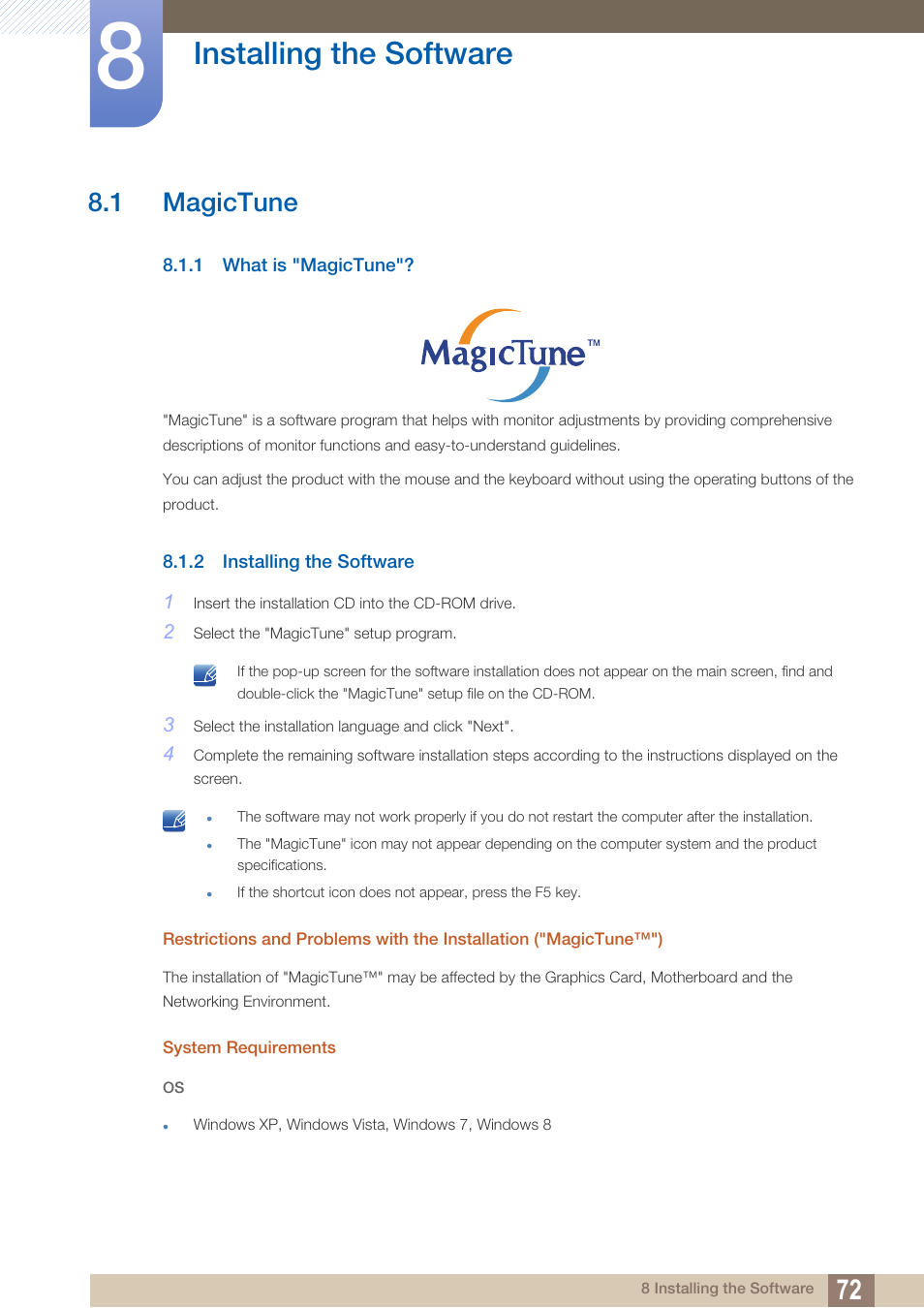 Installing the software, 1 magictune, 1 what is "magictune | 2 installing the software, Installing the, Software, Magictune, What is "magictune | Samsung LS27C750PS-ZA User Manual | Page 72 / 98