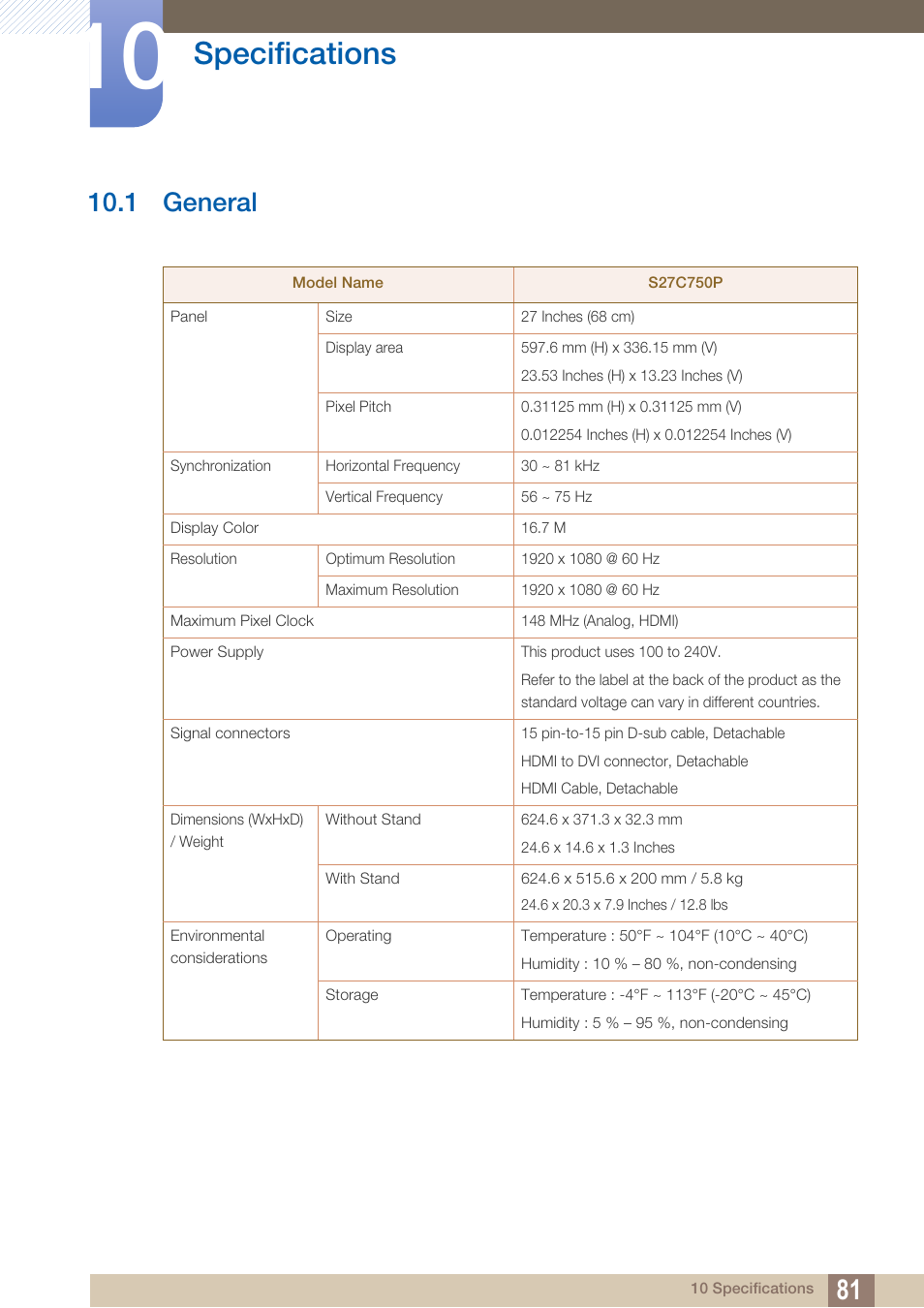 Specifications, 1 general, General | 1 general") | Samsung LS27C750PS-ZA User Manual | Page 81 / 98