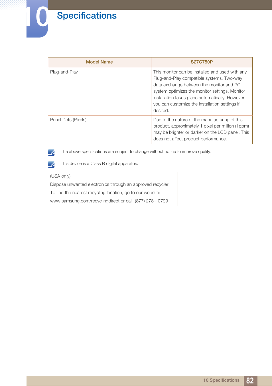 Specifications | Samsung LS27C750PS-ZA User Manual | Page 82 / 98