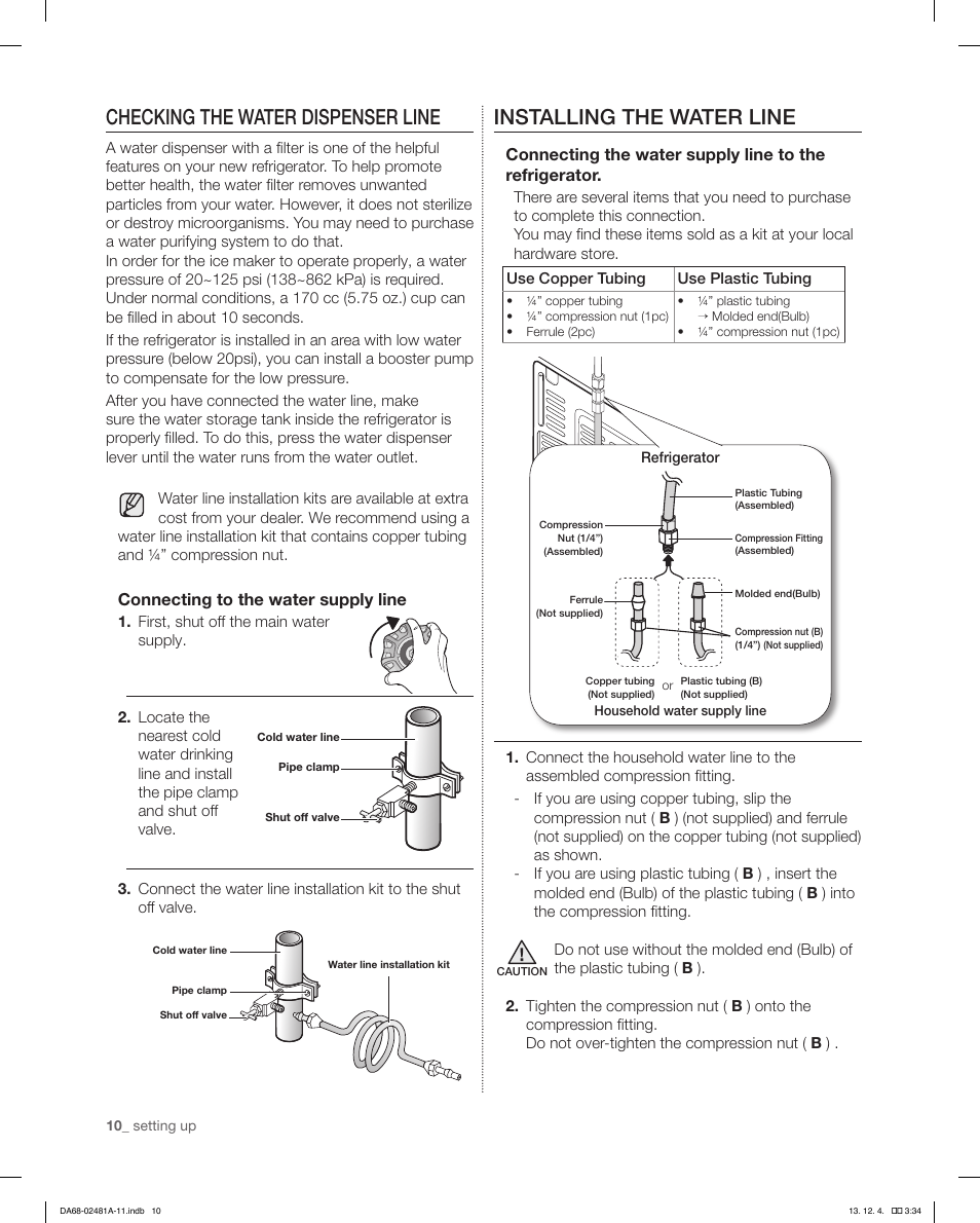 Checking the water dispenser line, Installing the water line | Samsung RF4267HAWP-XAA User Manual | Page 10 / 84