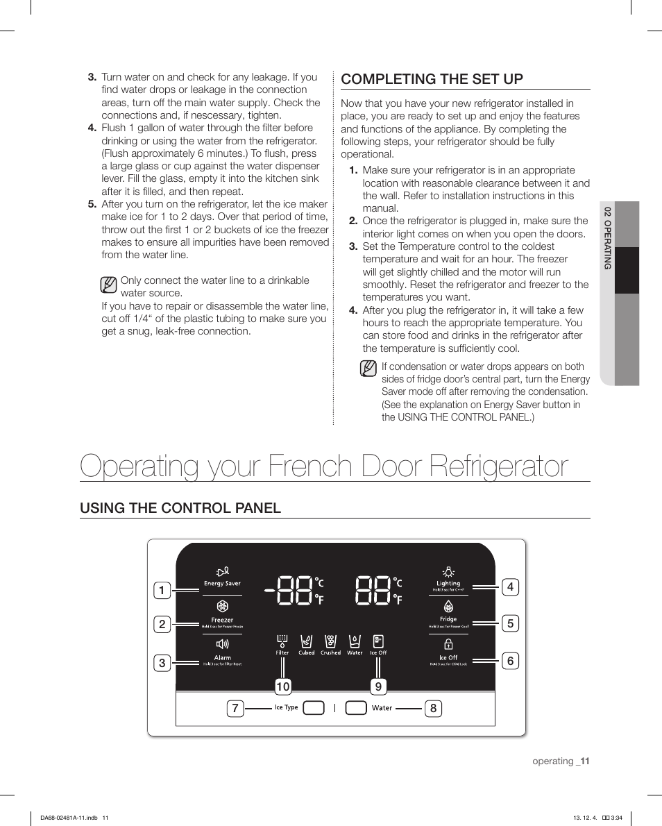 Operating your french door refrigerator, Completing the set up, Using the control panel | Samsung RF4267HAWP-XAA User Manual | Page 11 / 84