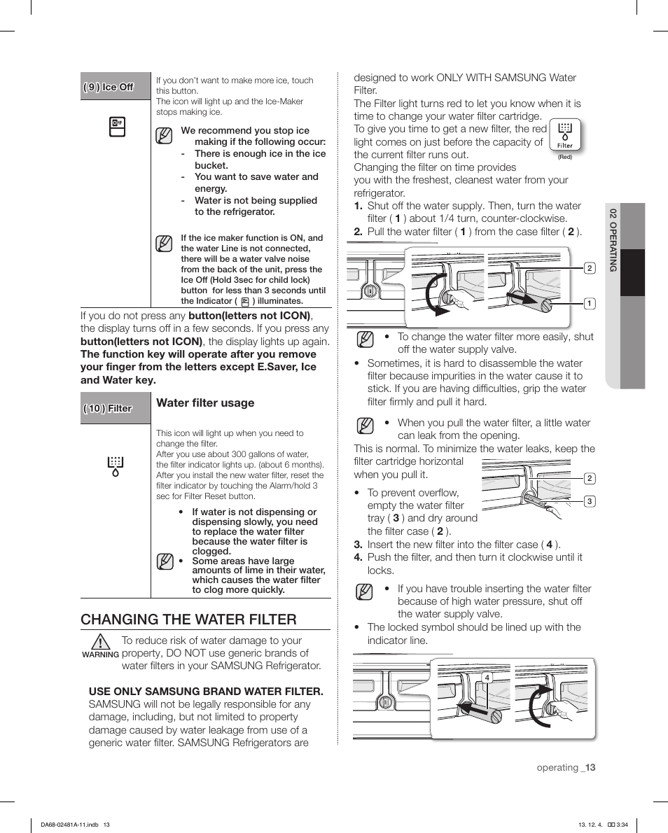 Changing the water filter | Samsung RF4267HAWP-XAA User Manual | Page 13 / 84