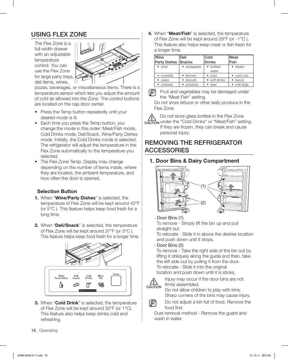 Using flex zone, Removing the refrigerator accessories, Door bins & dairy compartment | Samsung RF4267HAWP-XAA User Manual | Page 18 / 84