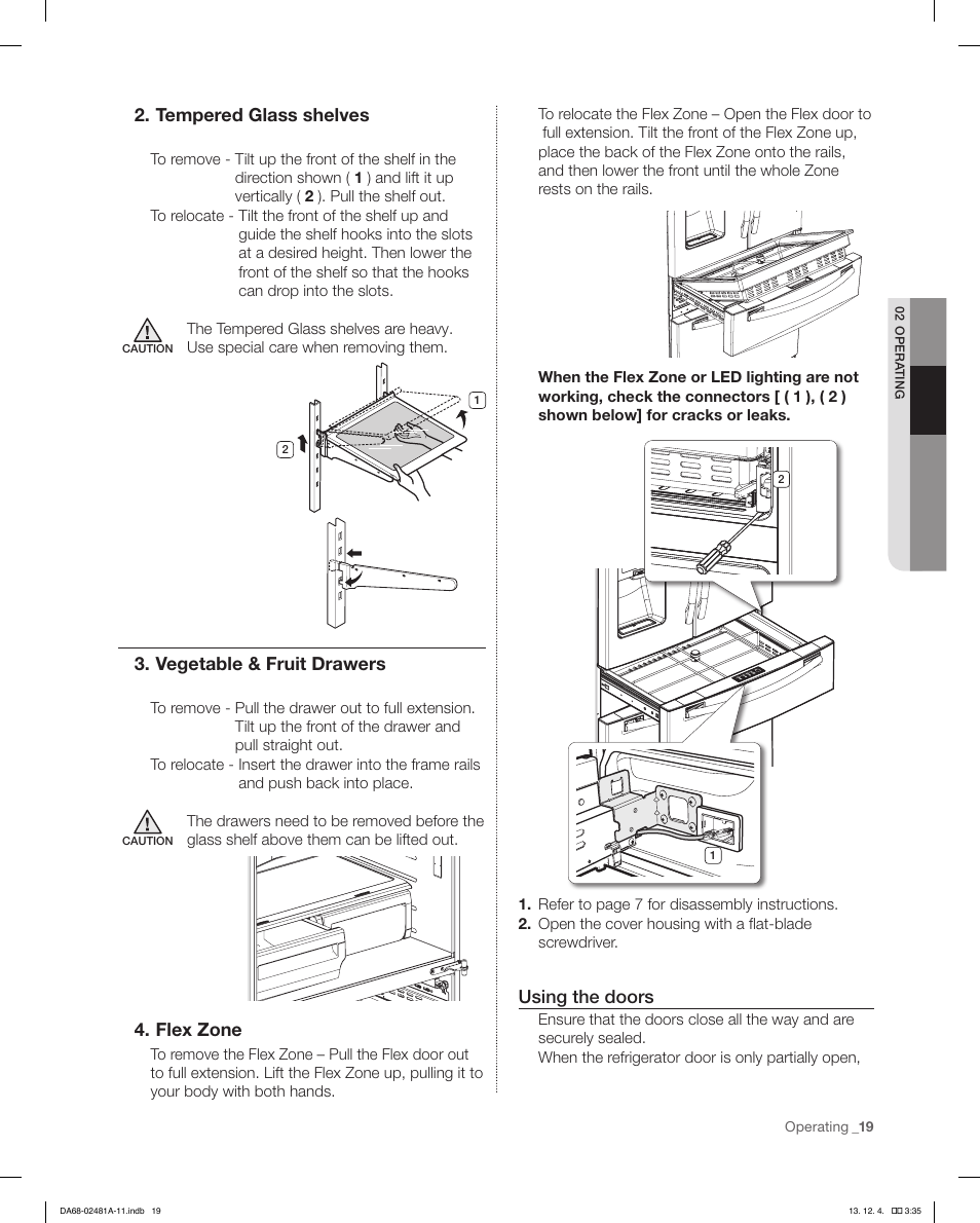 Tempered glass shelves, Vegetable & fruit drawers, Flex zone | Using the doors | Samsung RF4267HAWP-XAA User Manual | Page 19 / 84