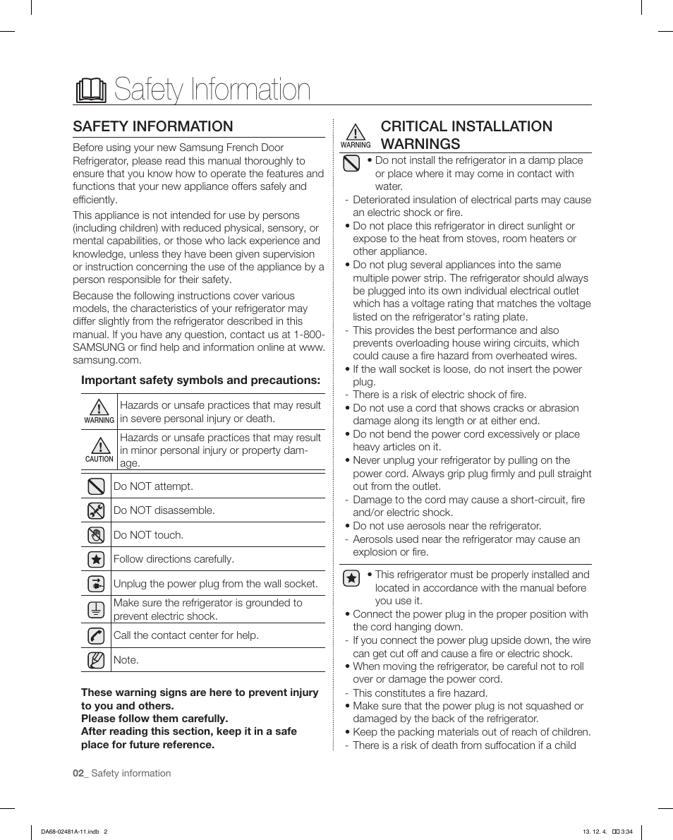 Safety information, Critical installation warnings | Samsung RF4267HAWP-XAA User Manual | Page 2 / 84