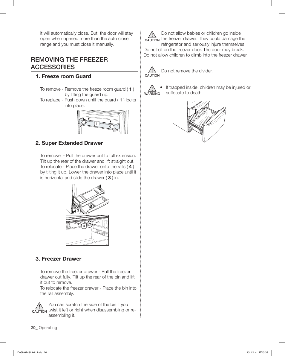 Removing the freezer accessories, Freeze room guard, Super extended drawer | Freezer drawer | Samsung RF4267HAWP-XAA User Manual | Page 20 / 84