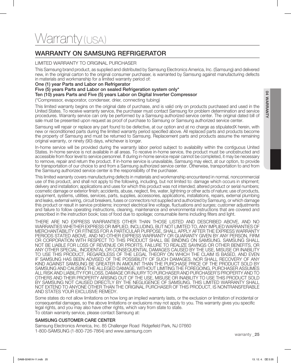 Warranty, Usa), Warranty on samsung refrigerator | Samsung RF4267HAWP-XAA User Manual | Page 25 / 84