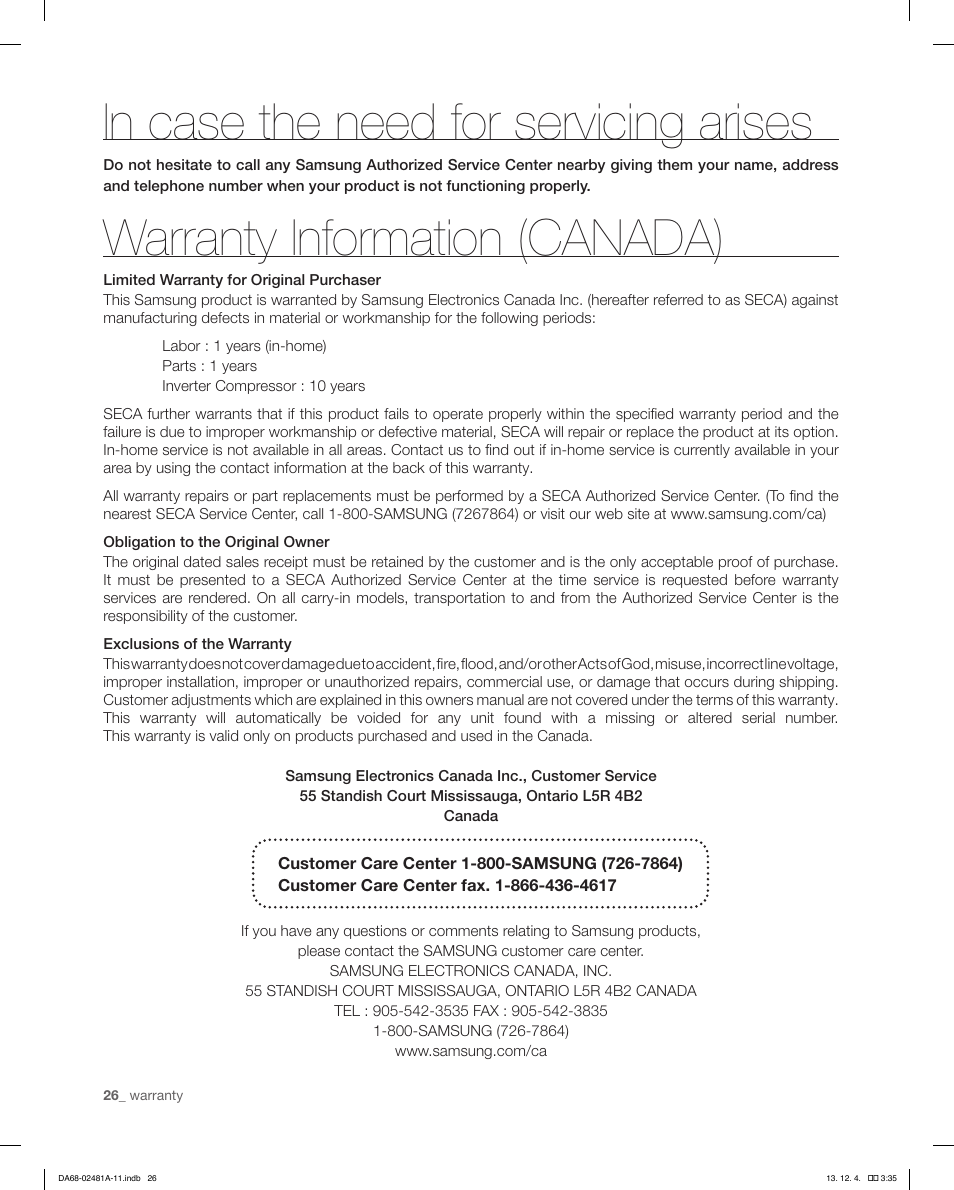 Warranty information (canada) | Samsung RF4267HAWP-XAA User Manual | Page 26 / 84