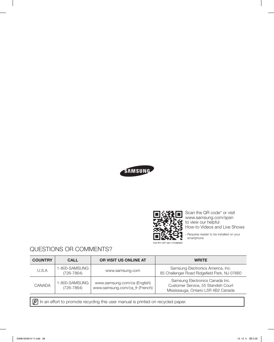 Questions or comments | Samsung RF4267HAWP-XAA User Manual | Page 28 / 84