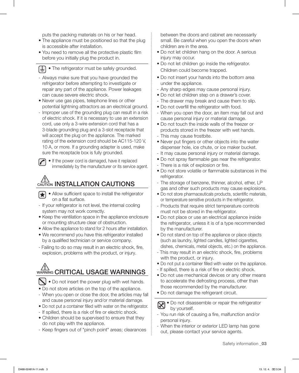 Installation cautions, Critical usage warnings | Samsung RF4267HAWP-XAA User Manual | Page 3 / 84