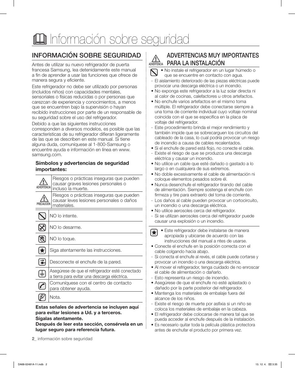Información sobre seguridad, Advertencias muy importantes para la instalación | Samsung RF4267HAWP-XAA User Manual | Page 30 / 84