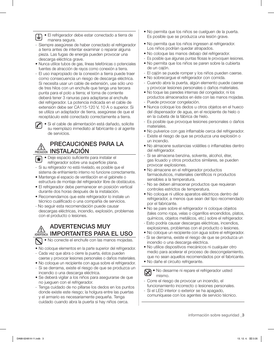 Precauciones para la instalación, Advertencias muy importantes para el uso | Samsung RF4267HAWP-XAA User Manual | Page 31 / 84