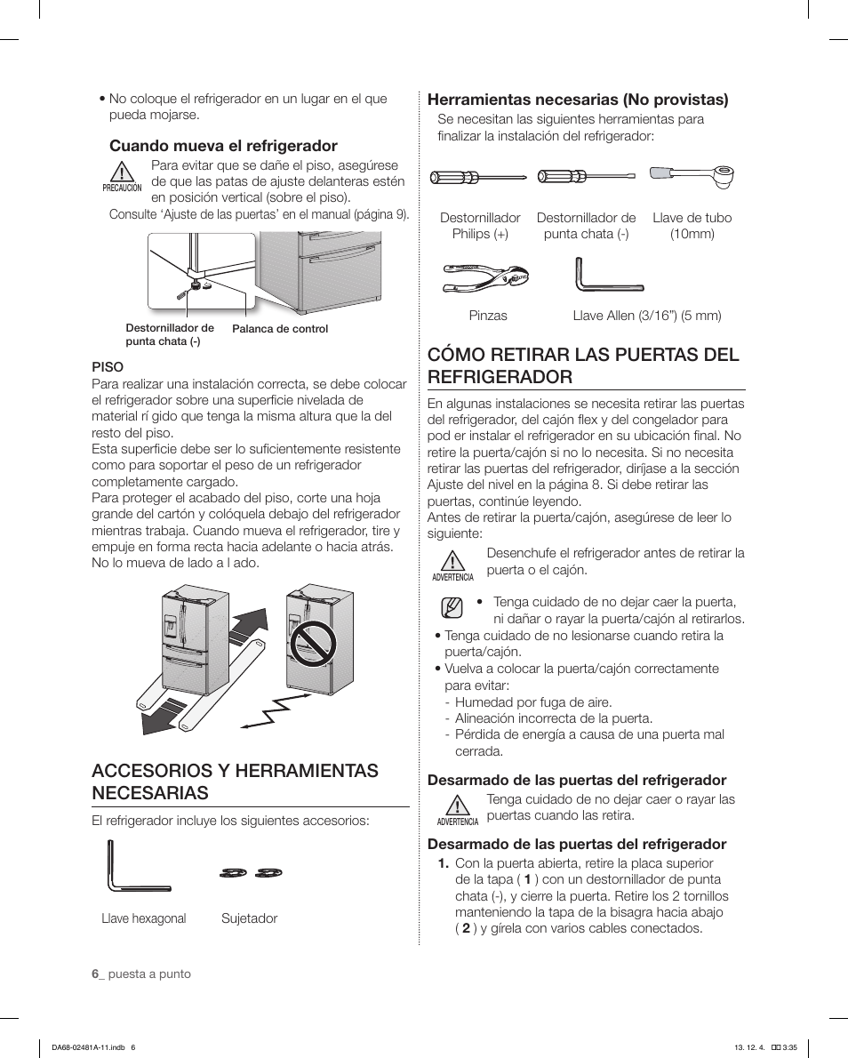 Accesorios y herramientas necesarias, Cómo retirar las puertas del refrigerador | Samsung RF4267HAWP-XAA User Manual | Page 34 / 84