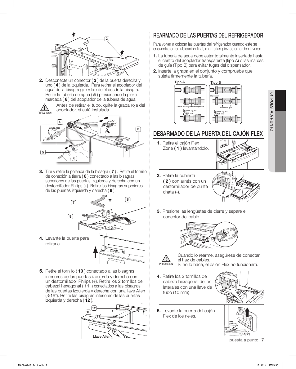 Rearmado de las puertas del refrigerador, Desarmado de la puerta del cajón flex | Samsung RF4267HAWP-XAA User Manual | Page 35 / 84