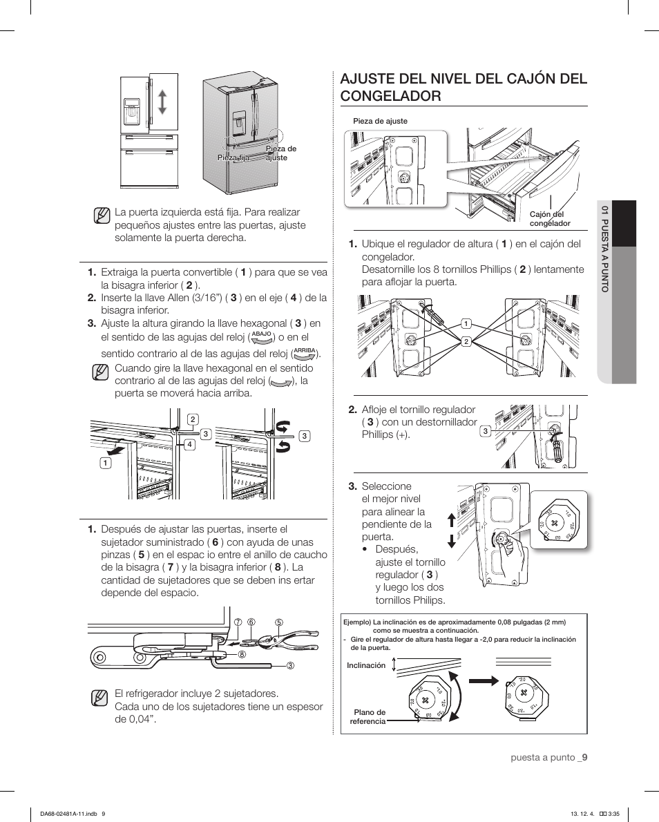 Ajuste del nivel del cajón del congelador | Samsung RF4267HAWP-XAA User Manual | Page 37 / 84