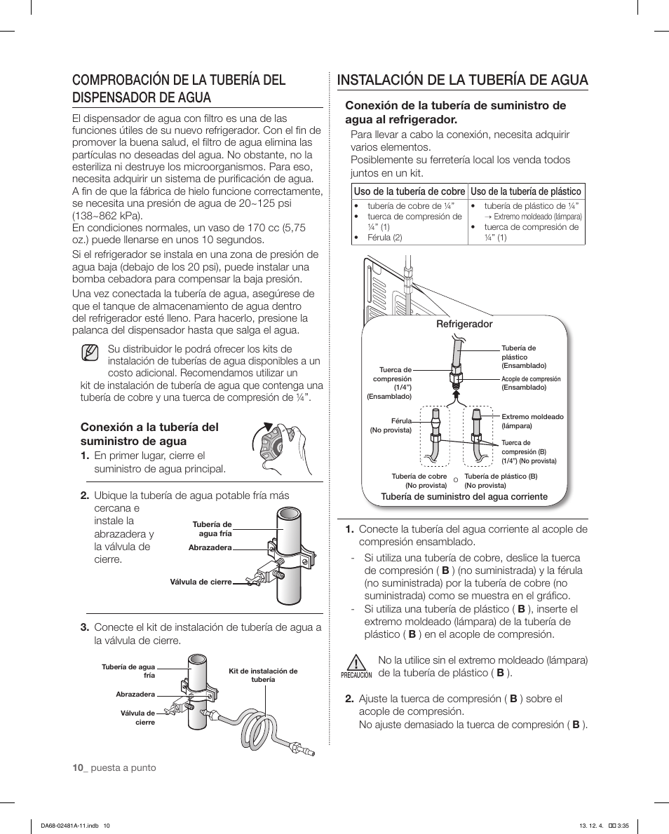 Comprobación de la tubería del dispensador de agua, Instalación de la tubería de agua | Samsung RF4267HAWP-XAA User Manual | Page 38 / 84