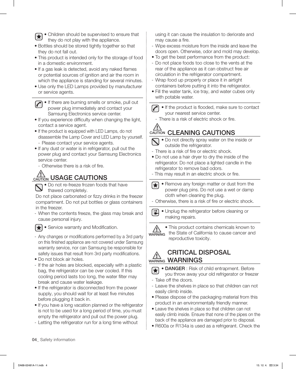 Usage cautions, Cleaning cautions, Critical disposal warnings | Samsung RF4267HAWP-XAA User Manual | Page 4 / 84