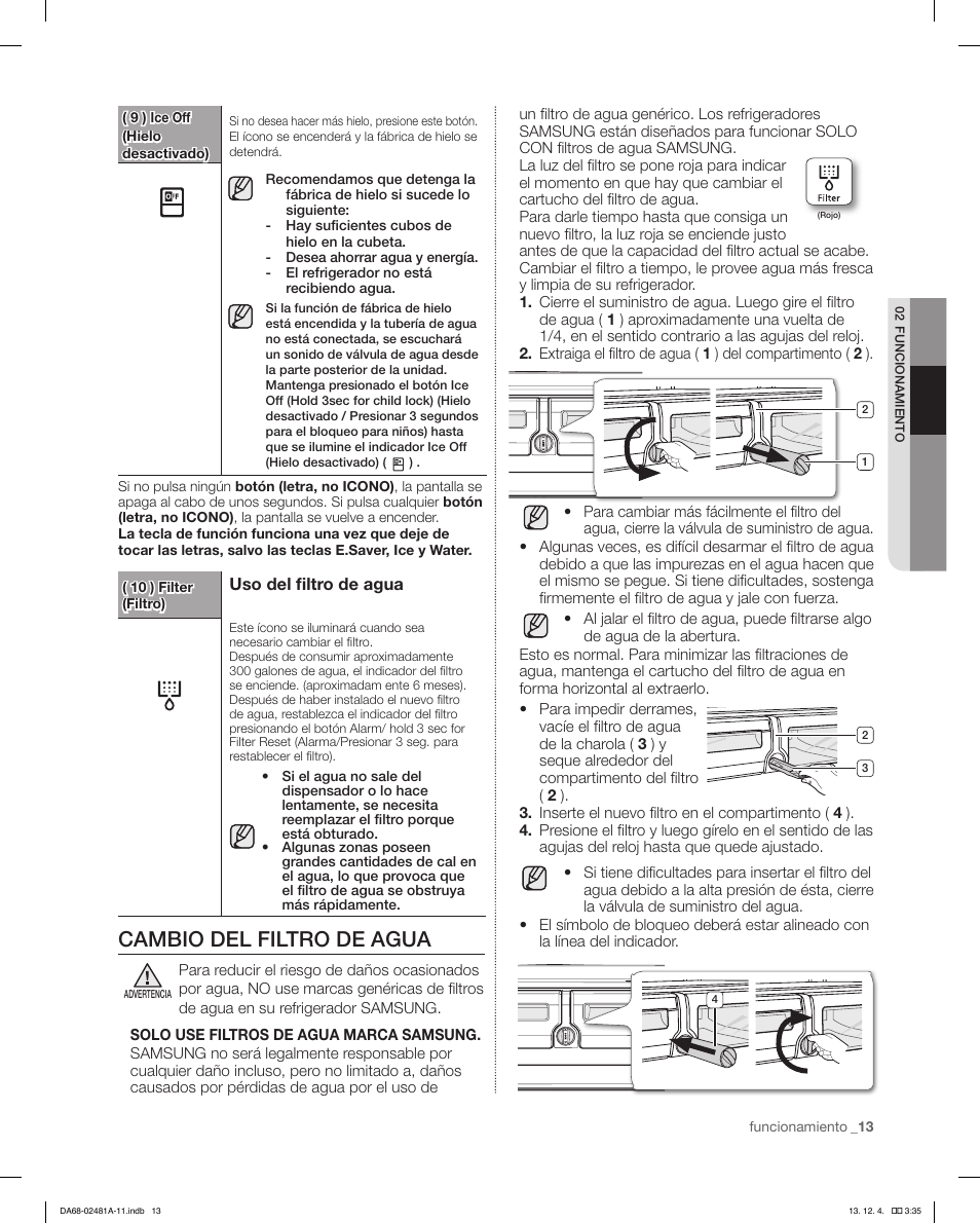 Cambio del filtro de agua | Samsung RF4267HAWP-XAA User Manual | Page 41 / 84