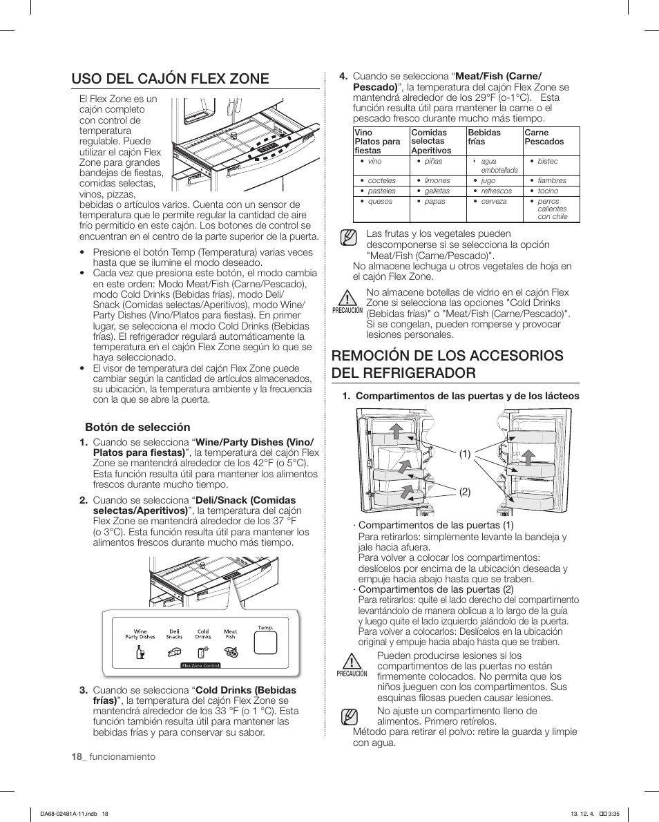 Uso del cajón flex zone, Remoción de los accesorios del refrigerador | Samsung RF4267HAWP-XAA User Manual | Page 46 / 84