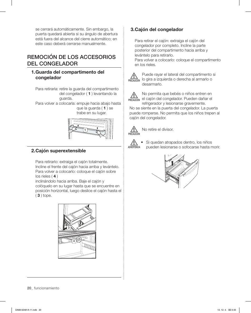 Remoción de los accesorios del congelador, Guarda del compartimento del congelador, Cajón superextensible | Cajón del congelador | Samsung RF4267HAWP-XAA User Manual | Page 48 / 84