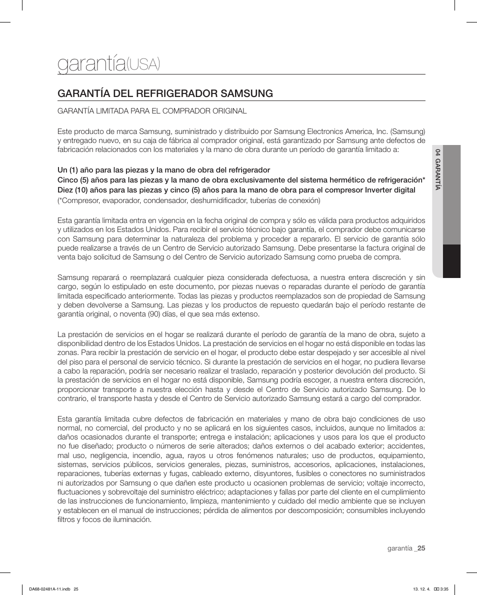 Garantía, Usa), Garantía del refrigerador samsung | Samsung RF4267HAWP-XAA User Manual | Page 53 / 84