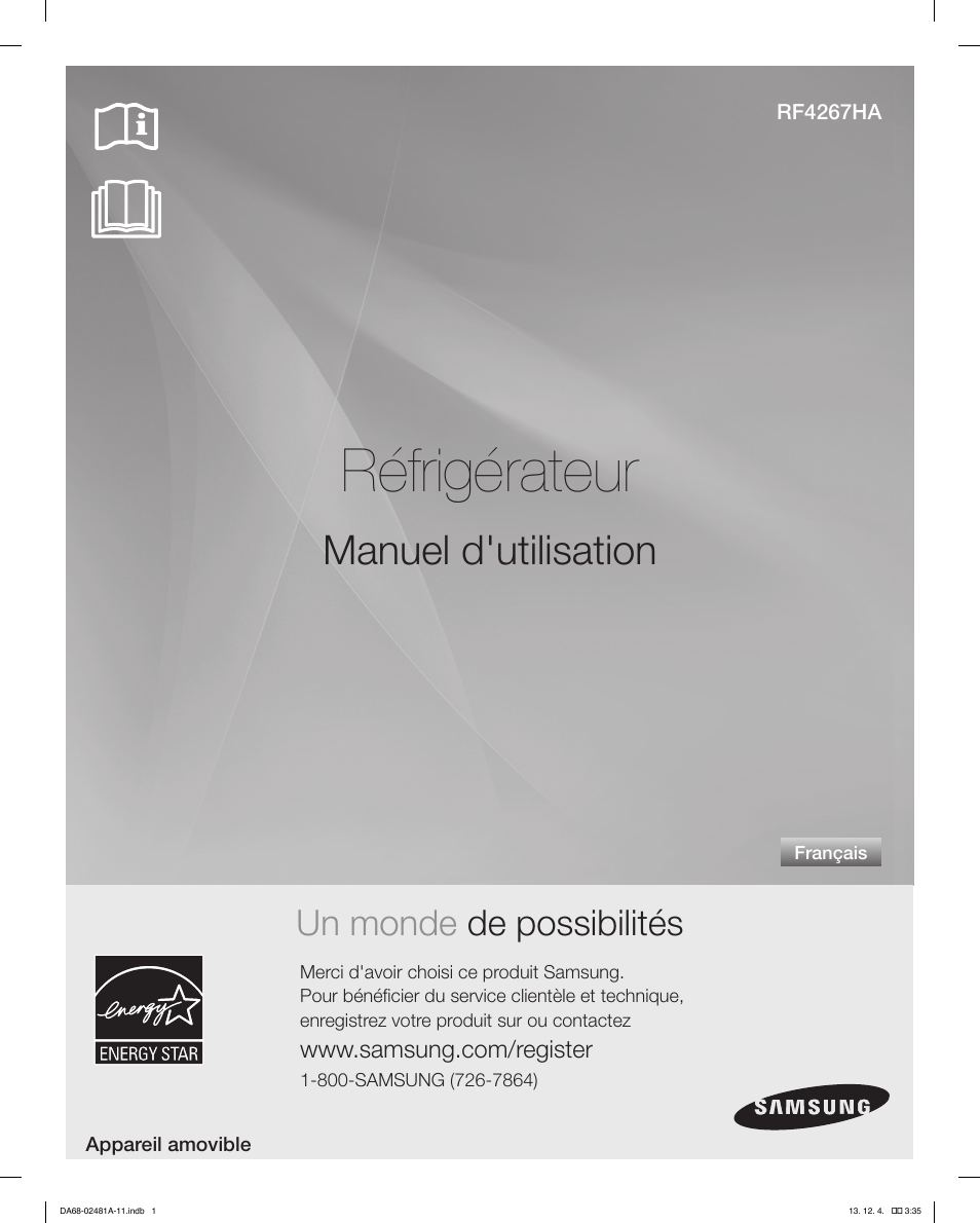 Réfrigérateur, Manuel d'utilisation, Un monde de possibilités | Samsung RF4267HAWP-XAA User Manual | Page 57 / 84