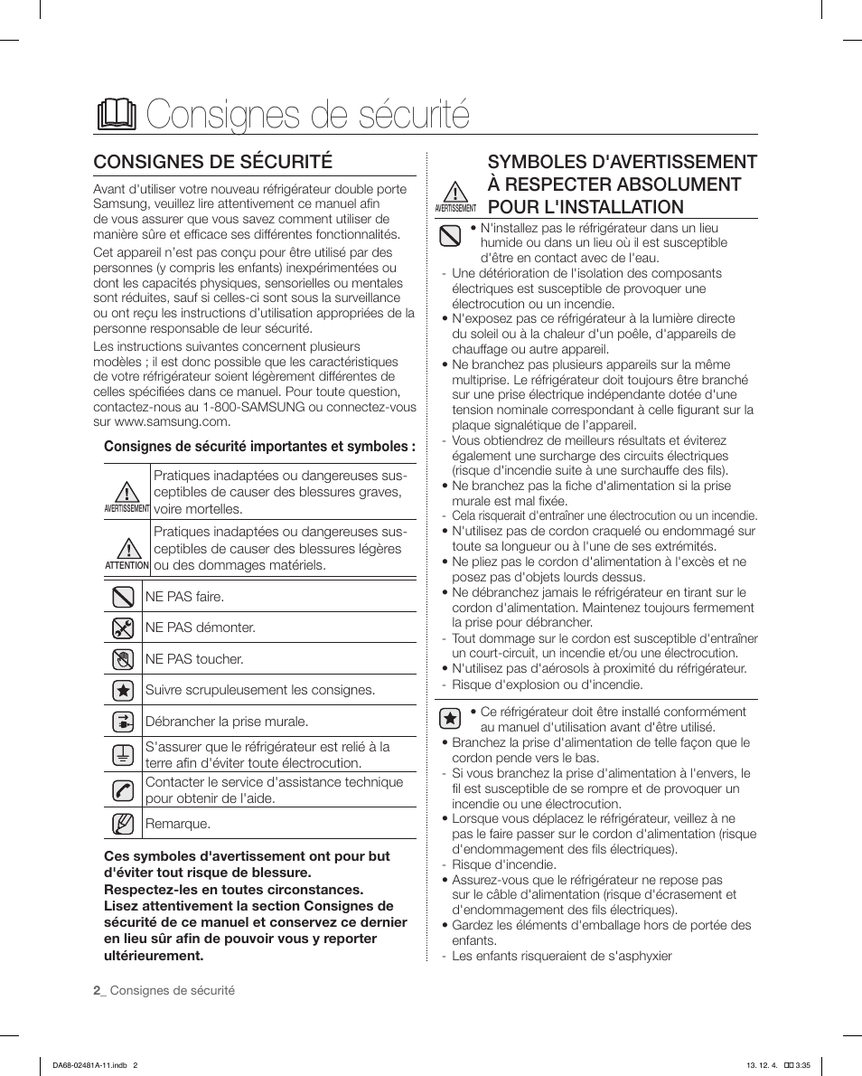 Consignes de sécurité | Samsung RF4267HAWP-XAA User Manual | Page 58 / 84