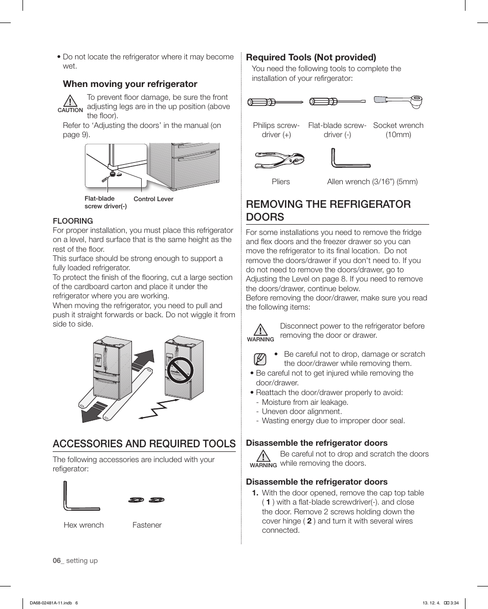 Accessories and required tools, Removing the refrigerator doors | Samsung RF4267HAWP-XAA User Manual | Page 6 / 84