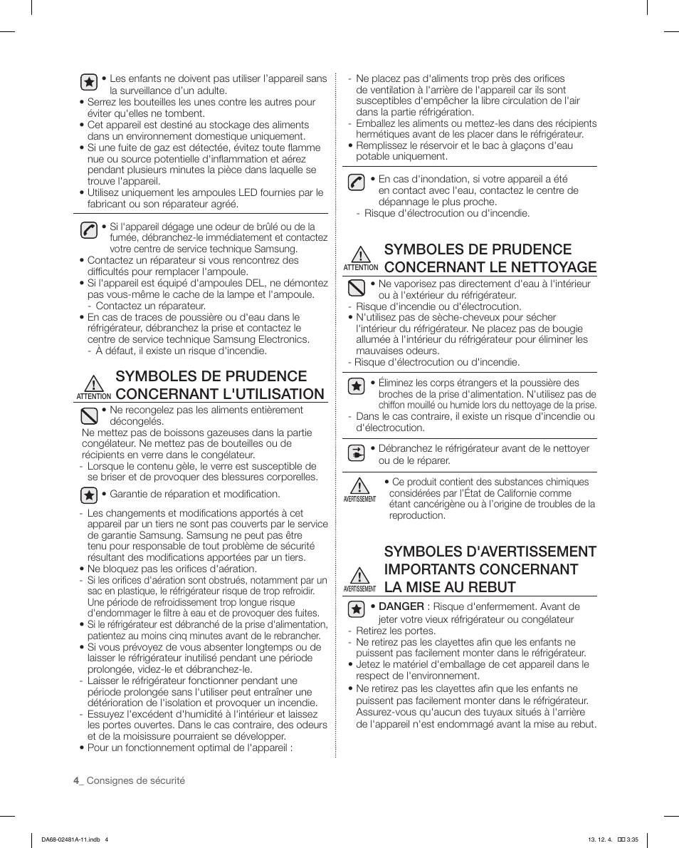 Symboles de prudence concernant l'utilisation, Symboles de prudence concernant le nettoyage | Samsung RF4267HAWP-XAA User Manual | Page 60 / 84