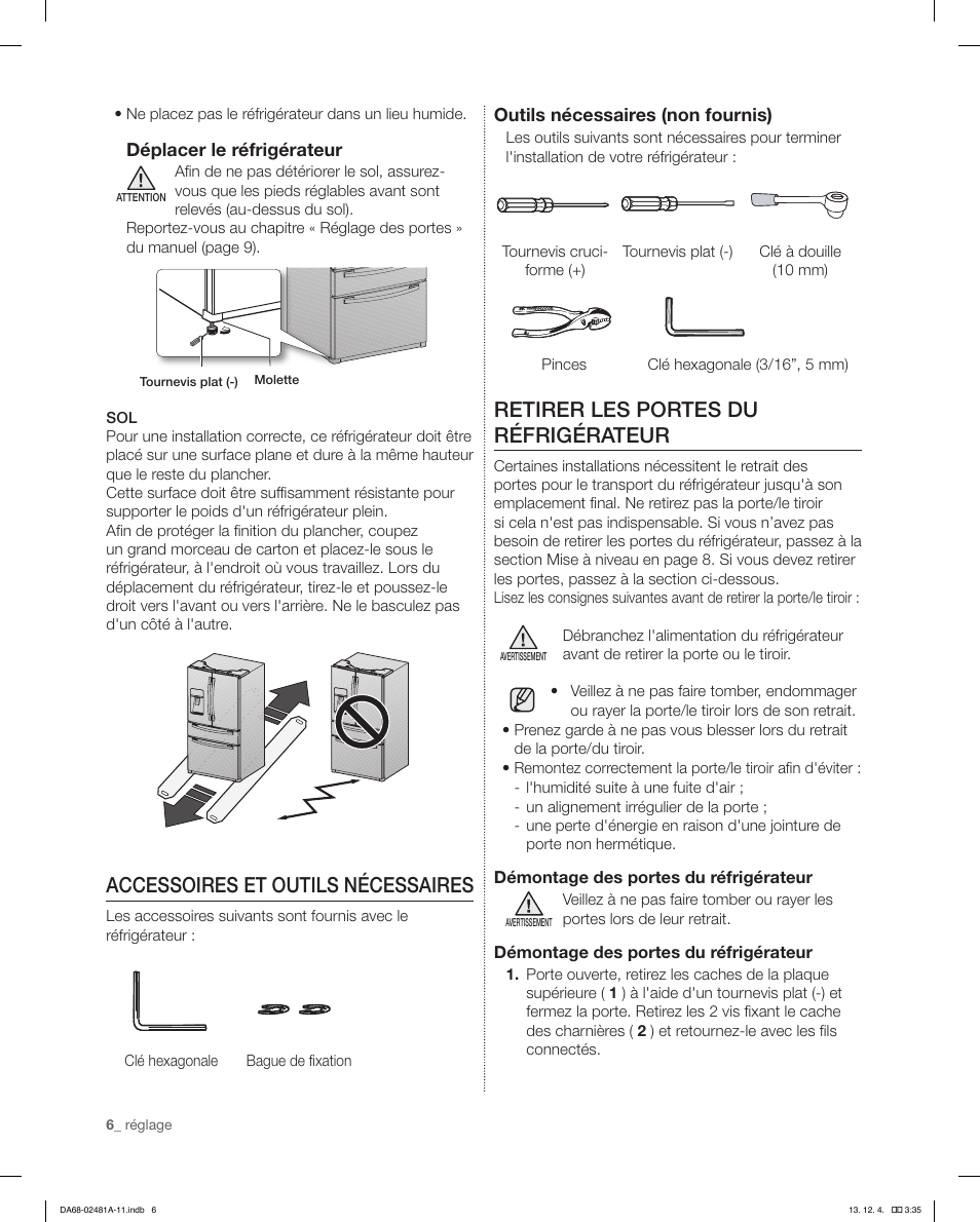 Accessoires et outils nécessaires, Retirer les portes du réfrigérateur | Samsung RF4267HAWP-XAA User Manual | Page 62 / 84
