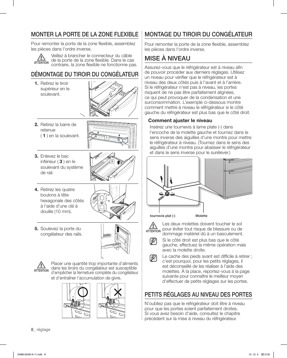 Monter la porte de la zone flexible, Démontage du tiroir du congélateur, Montage du tiroir du congélateur | Mise à niveau, Petits réglages au niveau des portes | Samsung RF4267HAWP-XAA User Manual | Page 64 / 84