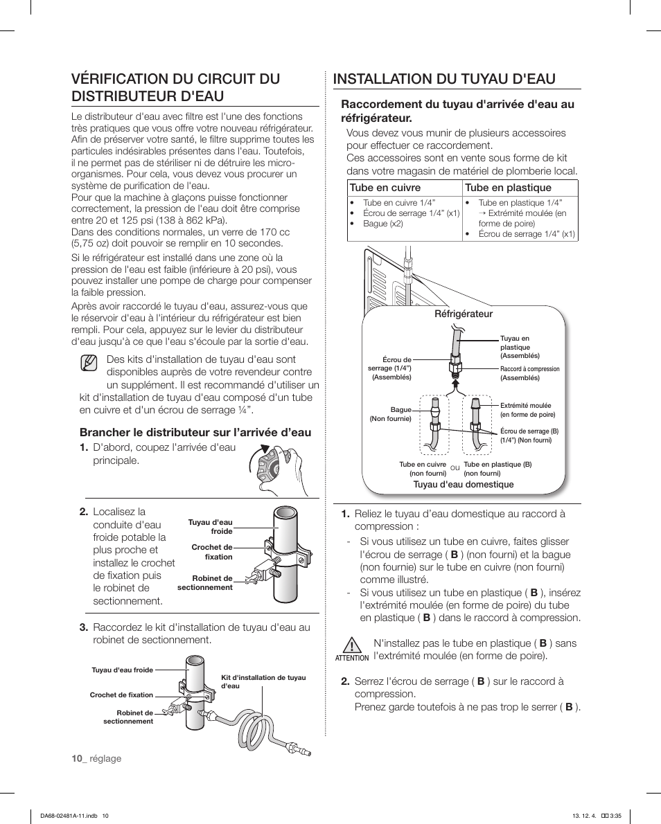 Vérification du circuit du distributeur d'eau, Installation du tuyau d'eau | Samsung RF4267HAWP-XAA User Manual | Page 66 / 84