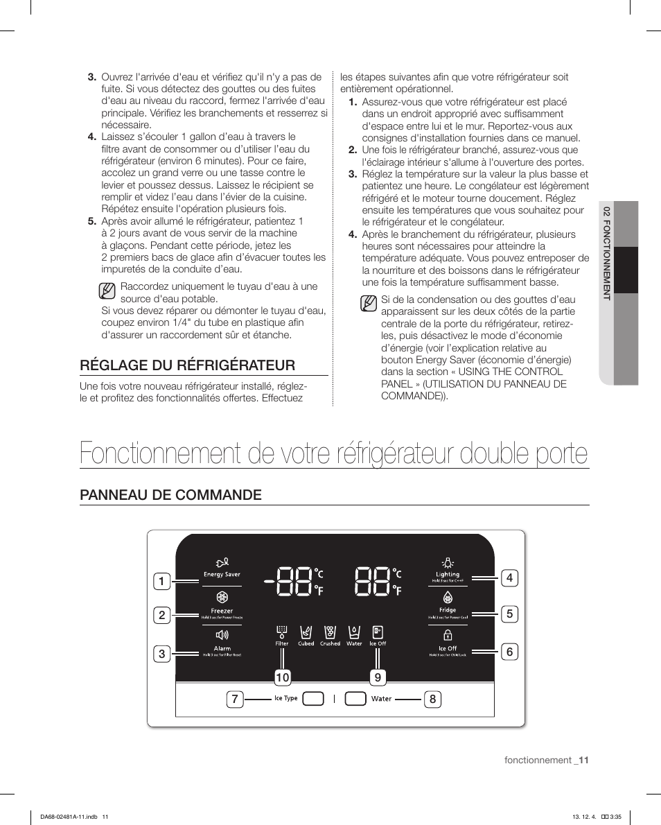 Fonctionnement de votre réfrigérateur double porte, Réglage du réfrigérateur, Panneau de commande | Samsung RF4267HAWP-XAA User Manual | Page 67 / 84